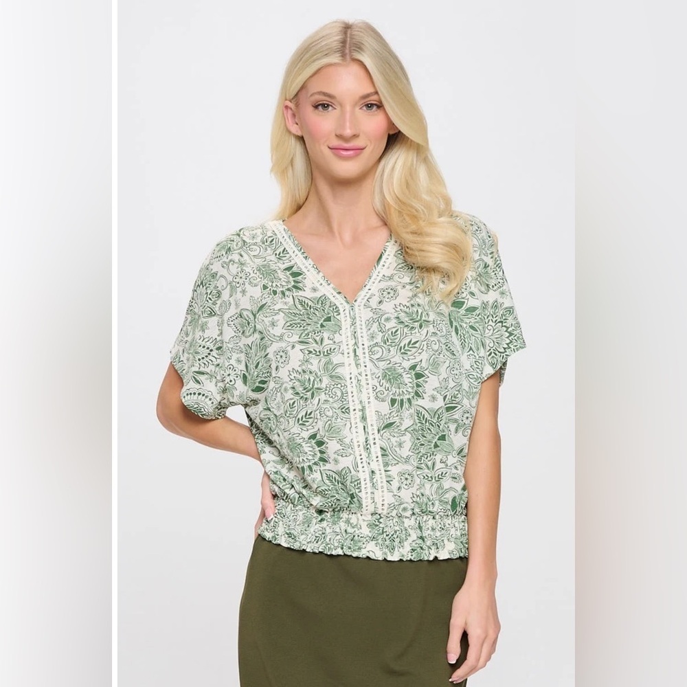 EUC Parallel Skies Smocked Waist V-Neck Blouse